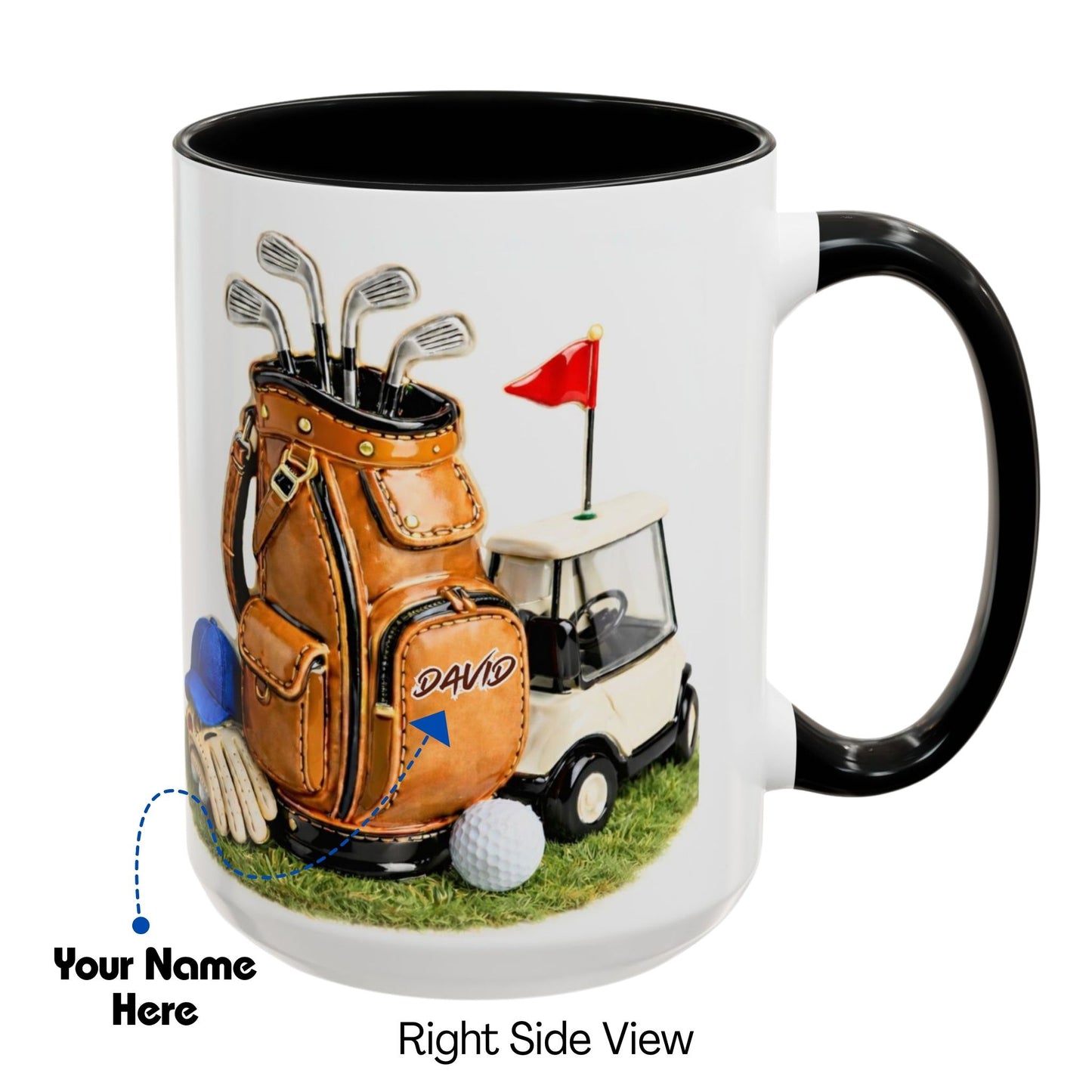 Lilmonal personalized golf bag coffee mug right side view with custom name and 3D art design