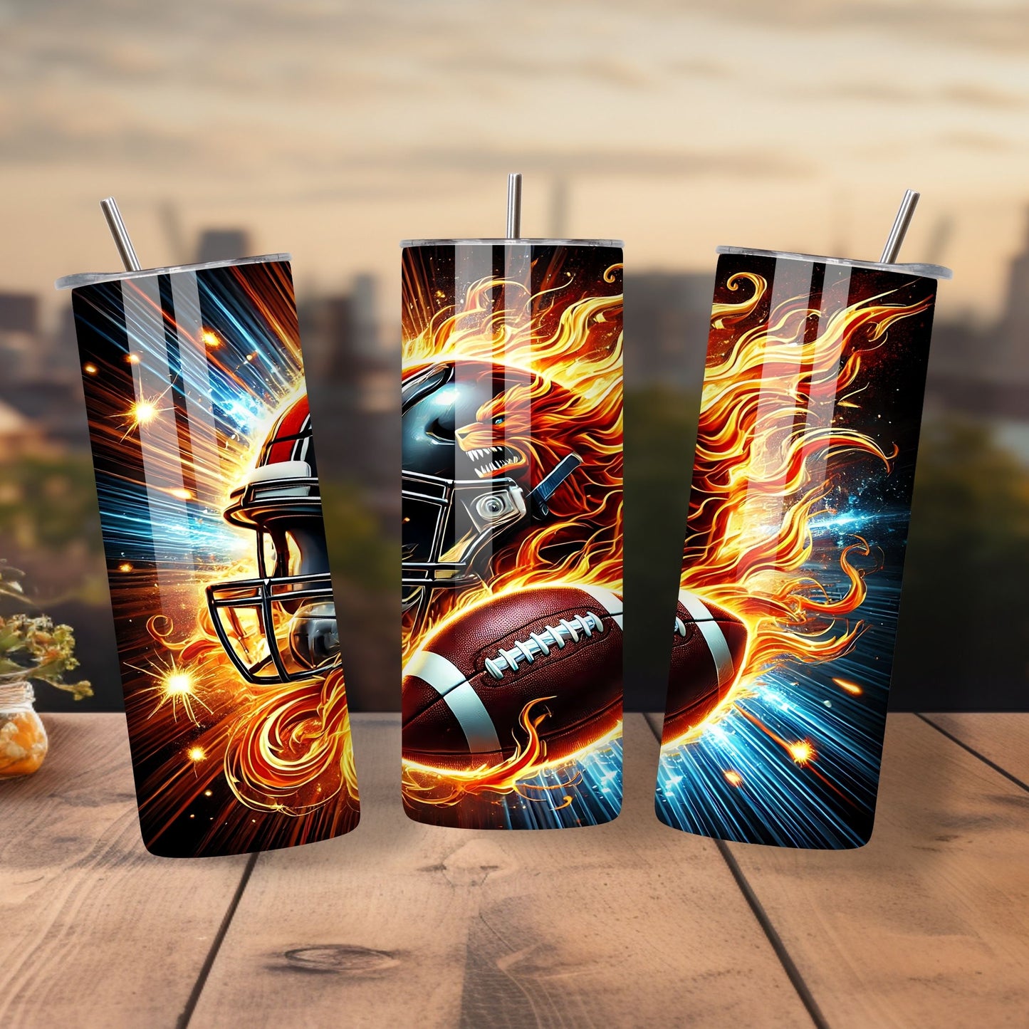 Football Lover 20oz Skinny Tumbler โ American Football Helmet & Ball with Fiery Flame Design | Sports Gift Stainless Steel Cup | LilMonal Creations