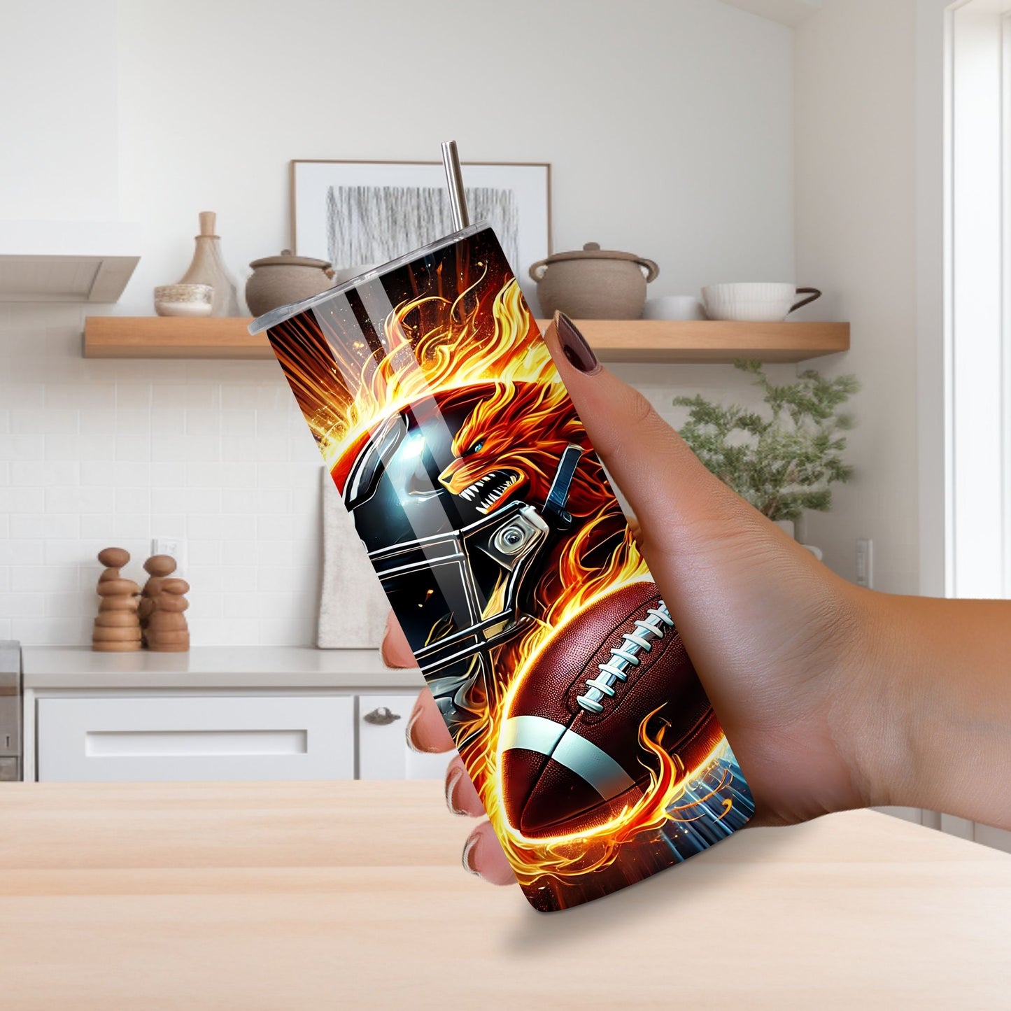 Football Lover 20oz Skinny Tumbler โ American Football Helmet & Ball with Fiery Flame Design | Sports Gift Stainless Steel Cup | LilMonal Creations