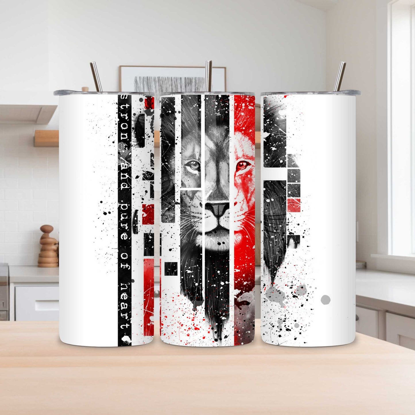 Lion Strength Tumbler 20oz – Red Black Abstract Animal Art Cup