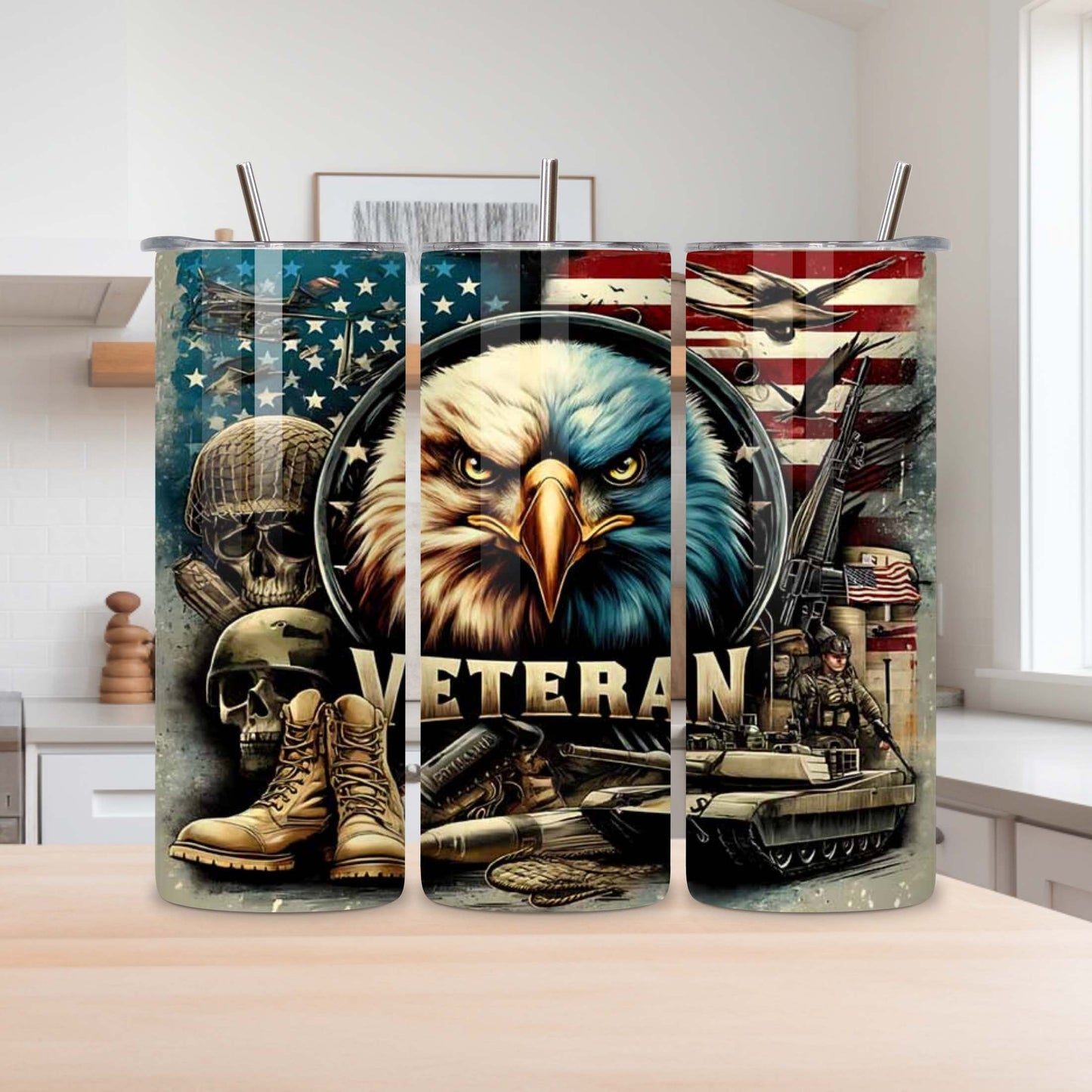 Custom 20oz Veteran Tumbler – Military Tribute with Bald Eagle, Flag & Tank – Personalized Gift for Veterans