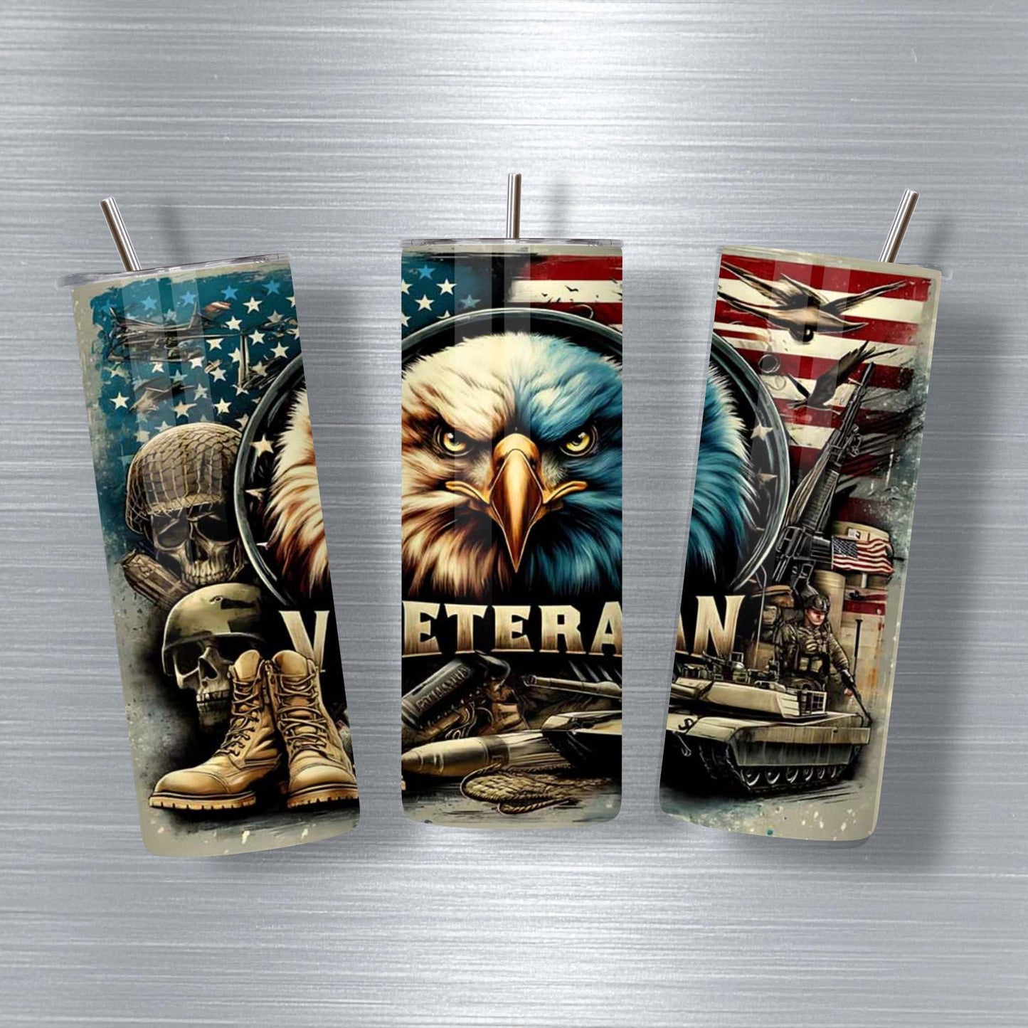 Custom 20oz Veteran Tumbler – Military Tribute with Bald Eagle, Flag & Tank – Personalized Gift for Veterans