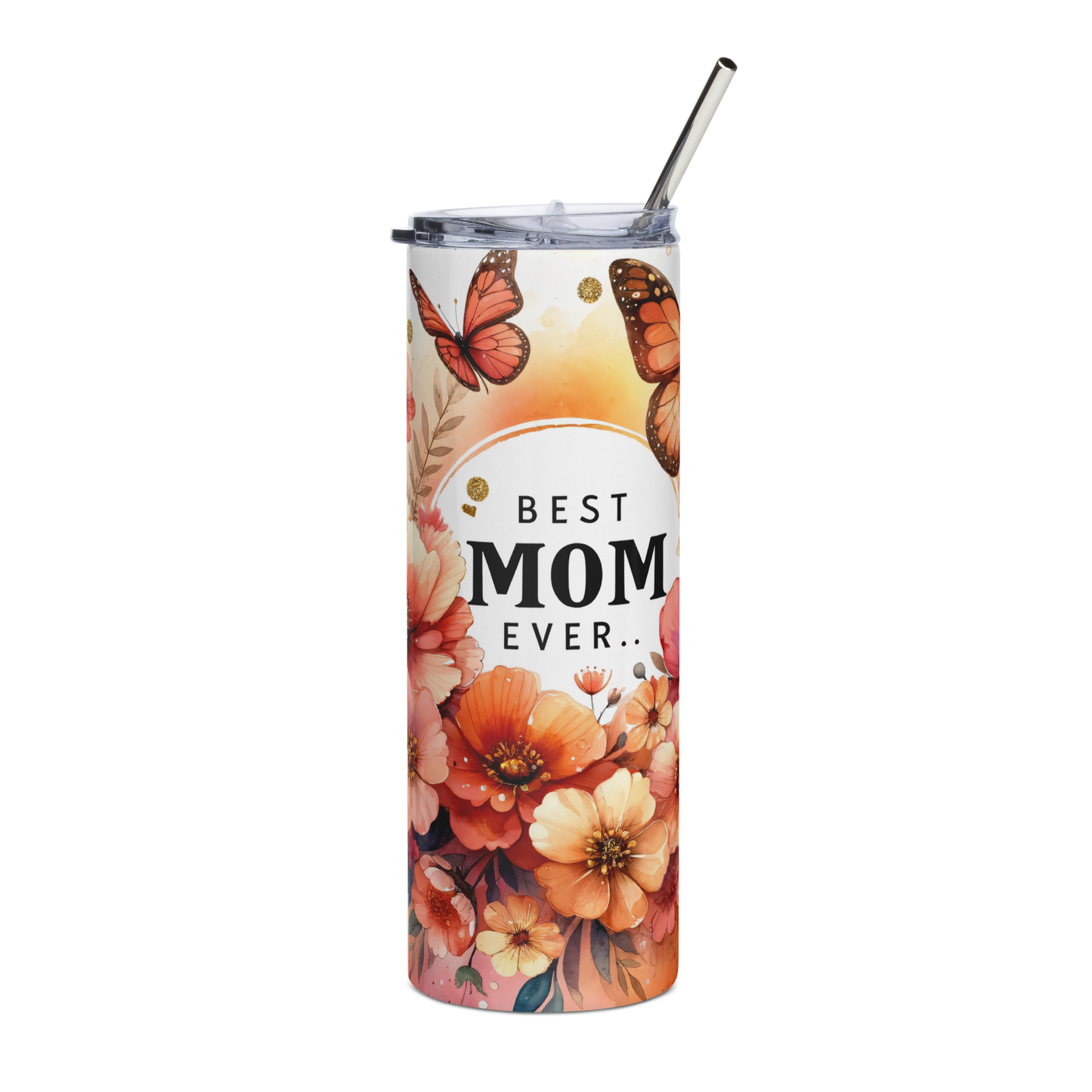 Best mom ever tumbler water bottle with floral and butterfly design and metal straw