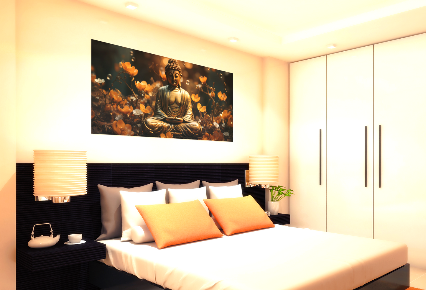 Buddha meditation wall art canvas above bed in modern bedroom with warm lighting