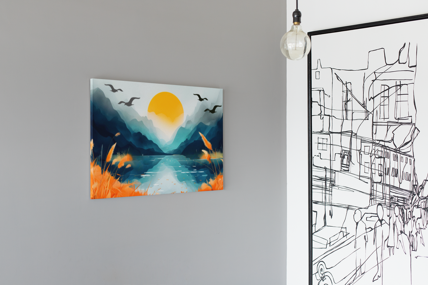 Sunset mountains canvas art with vibrant orange and blue tones hanging on gray wall by lilmonal