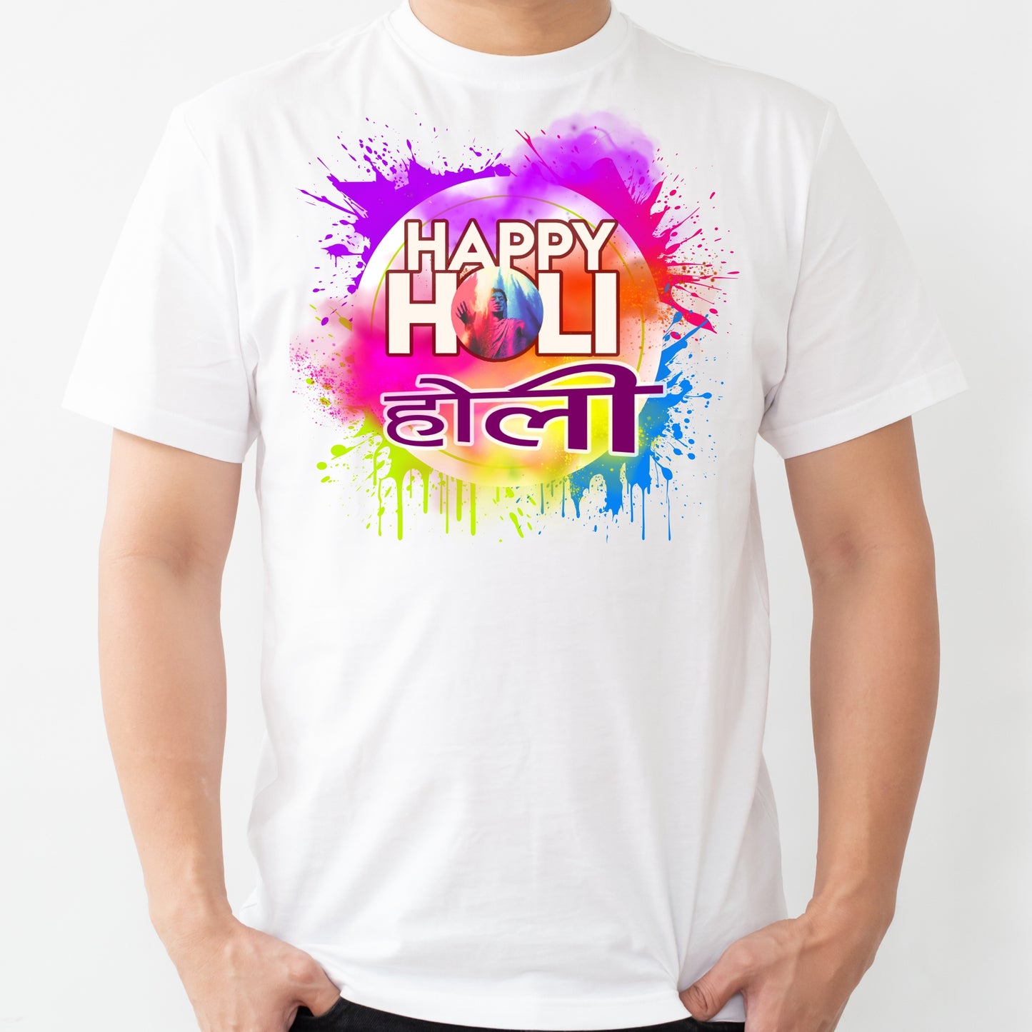 White holi t-shirt for men and women with colorful Happy Holi text and vibrant paint splashes