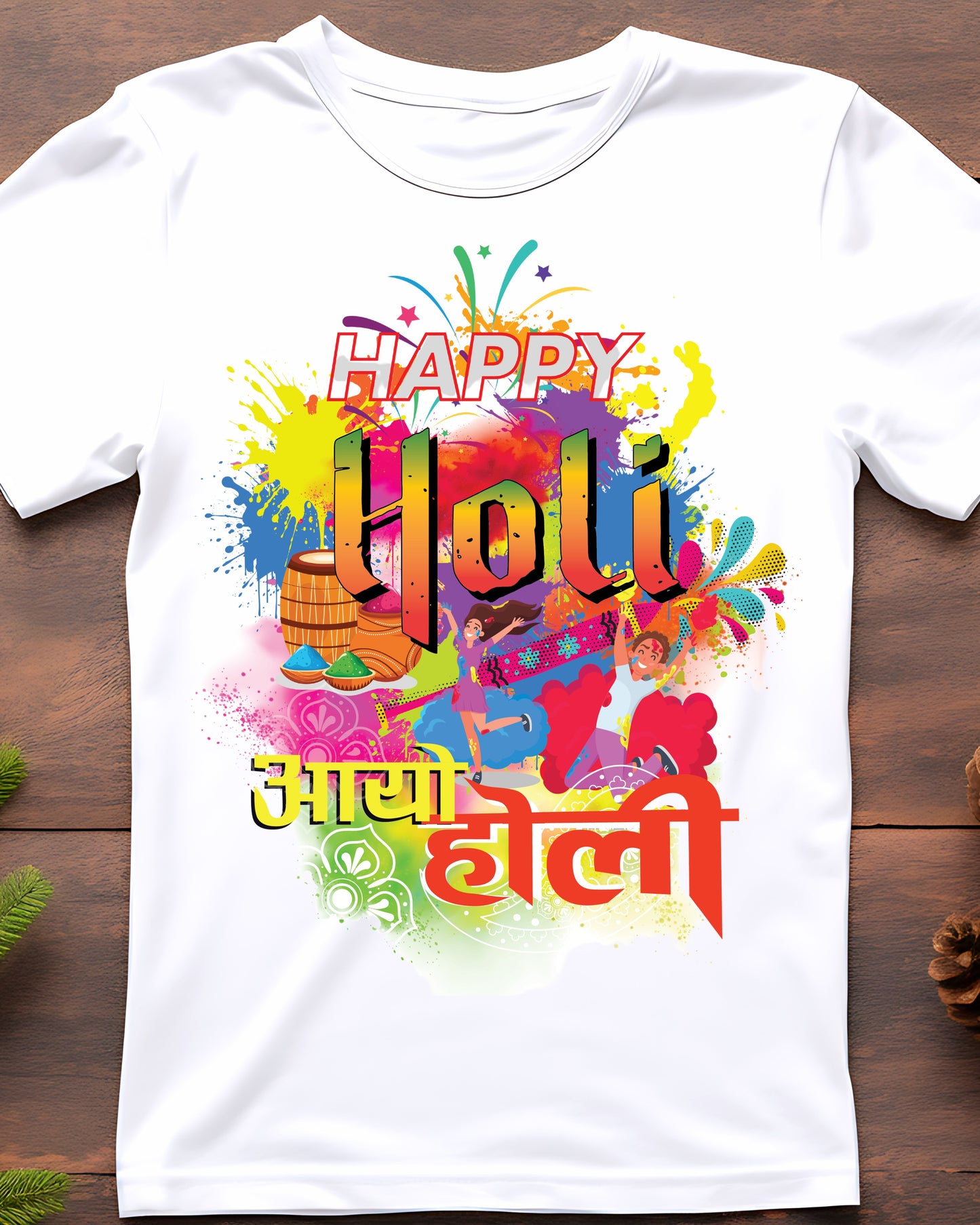 White holi t-shirt for men and women with colorful Happy Holi festival design and Hindi text