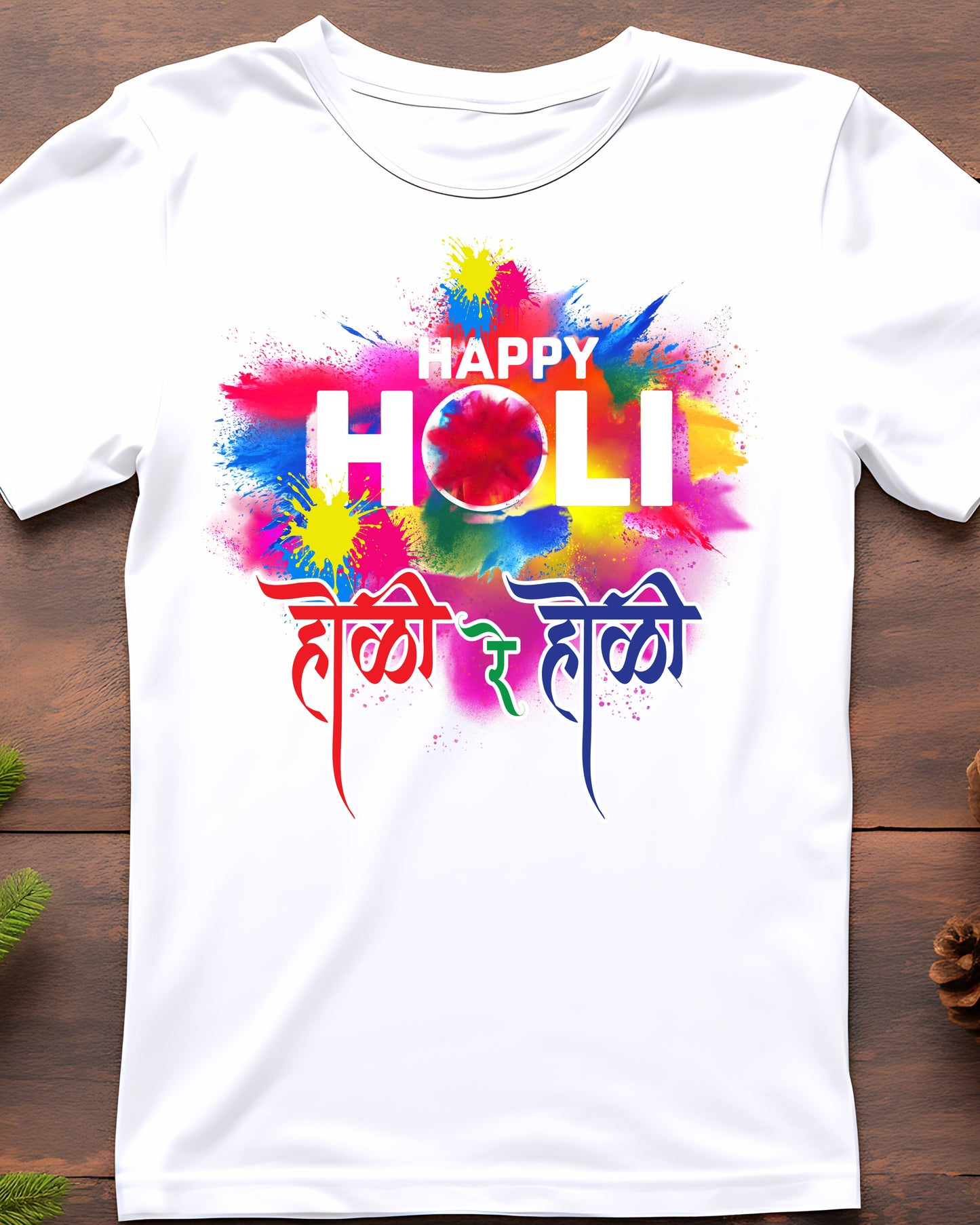White holi t-shirt for men and women with colorful Happy Holi splash design and Hindi text