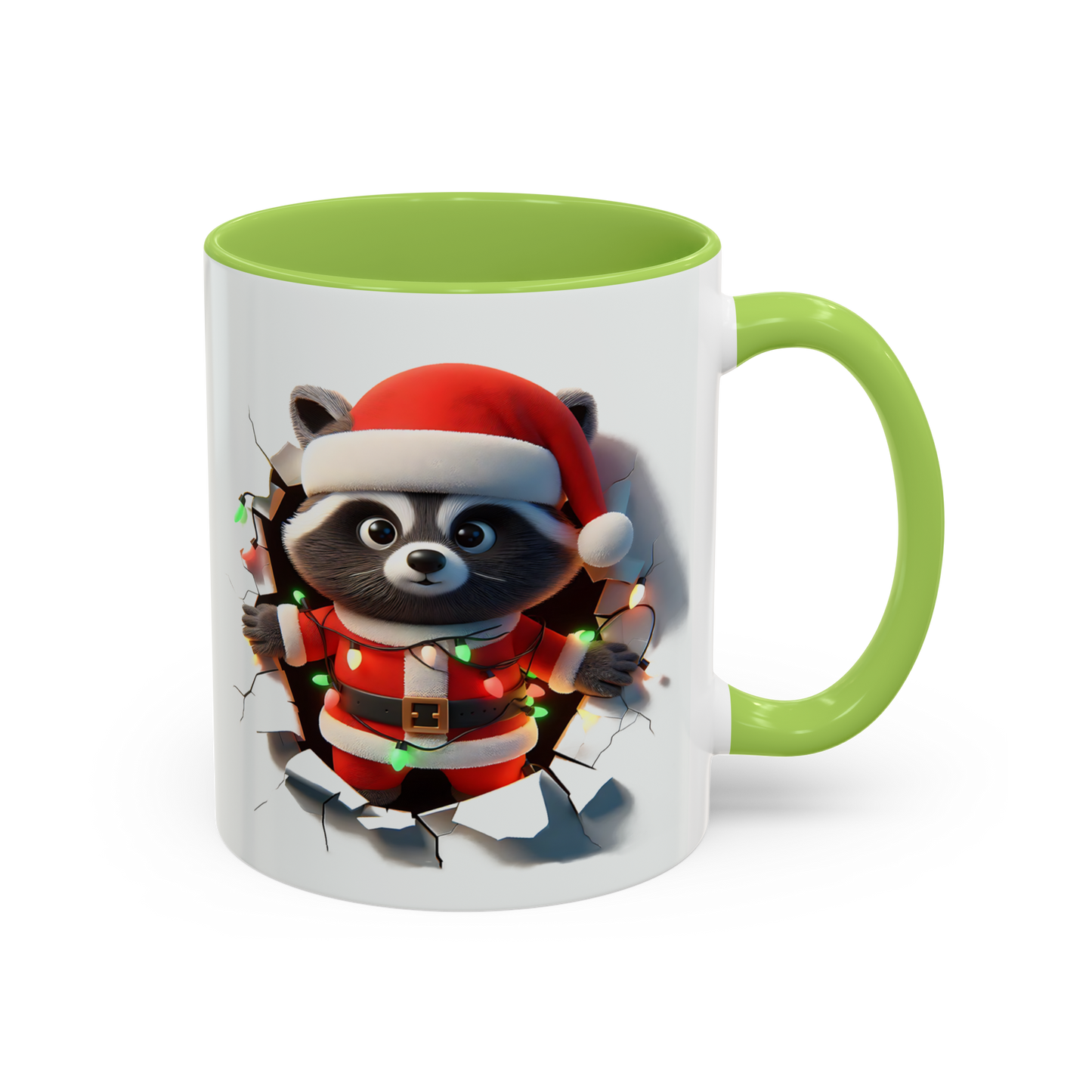 Holiday raccoon coffee cup with green handle and inner rim featuring raccoon in Santa outfit with Christmas lights