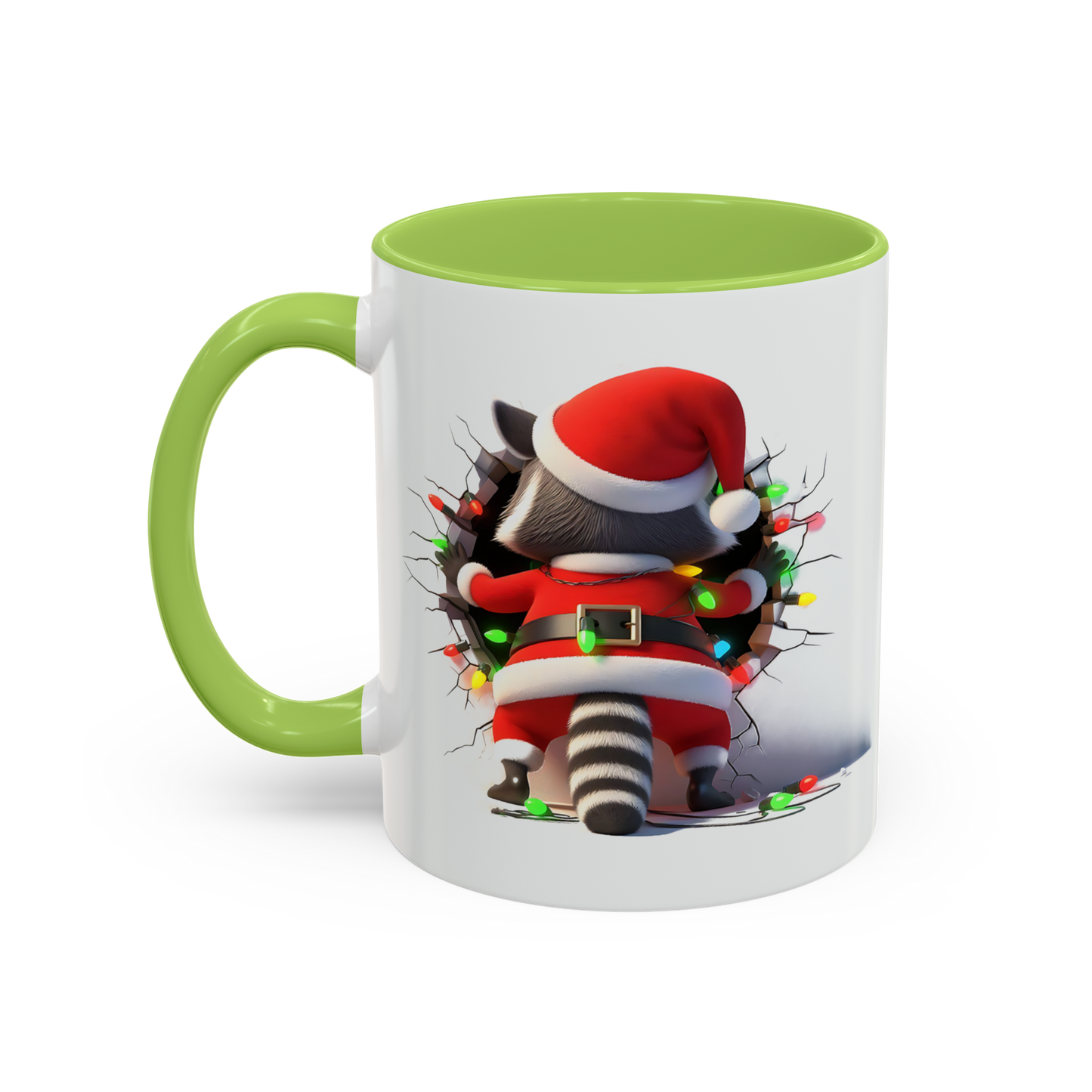 Lilmonal holiday raccoon coffee cup with green handle and rim featuring raccoon in Santa outfit