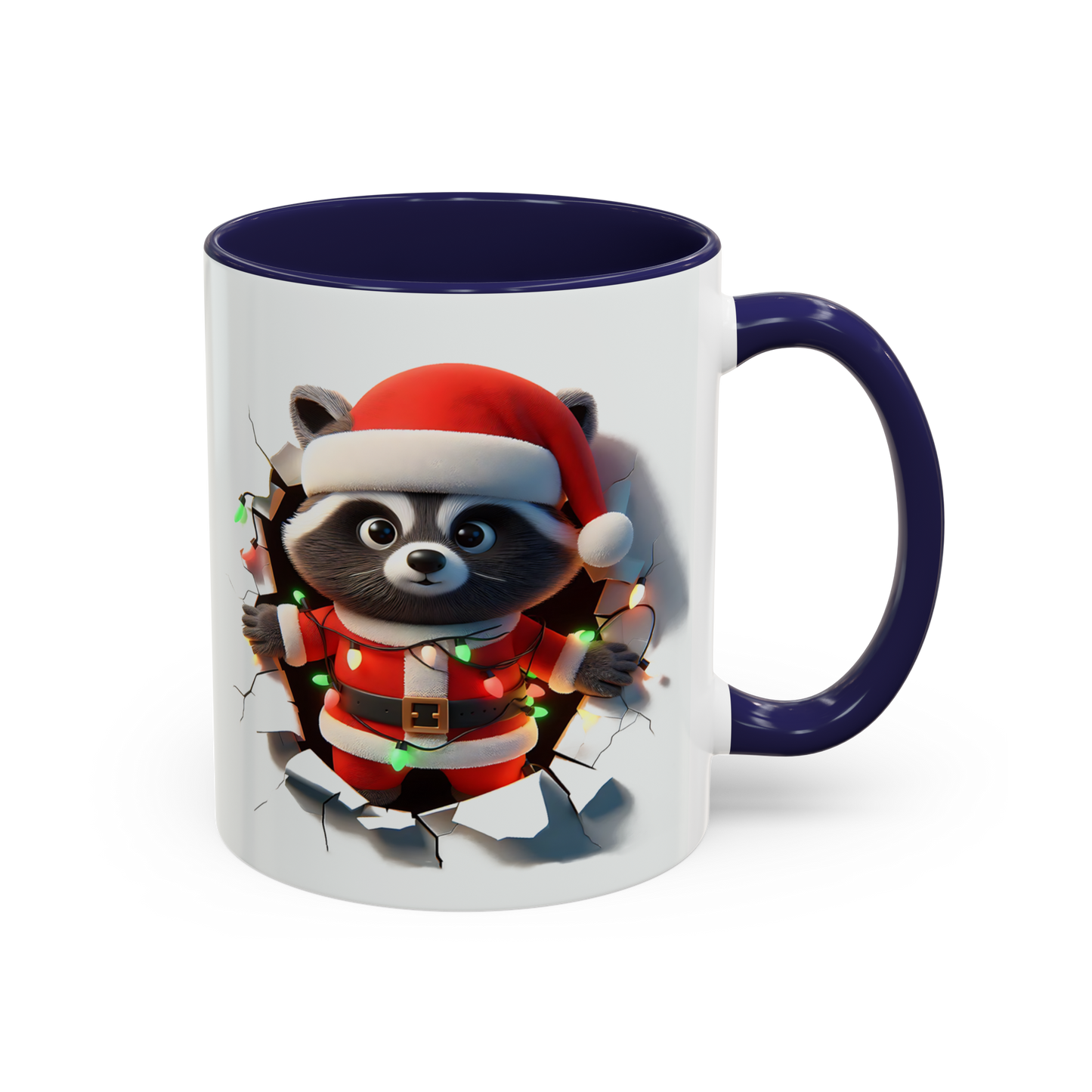 Holiday raccoon coffee cup with raccoon in Santa outfit wrapped in Christmas lights on white mug with navy handle