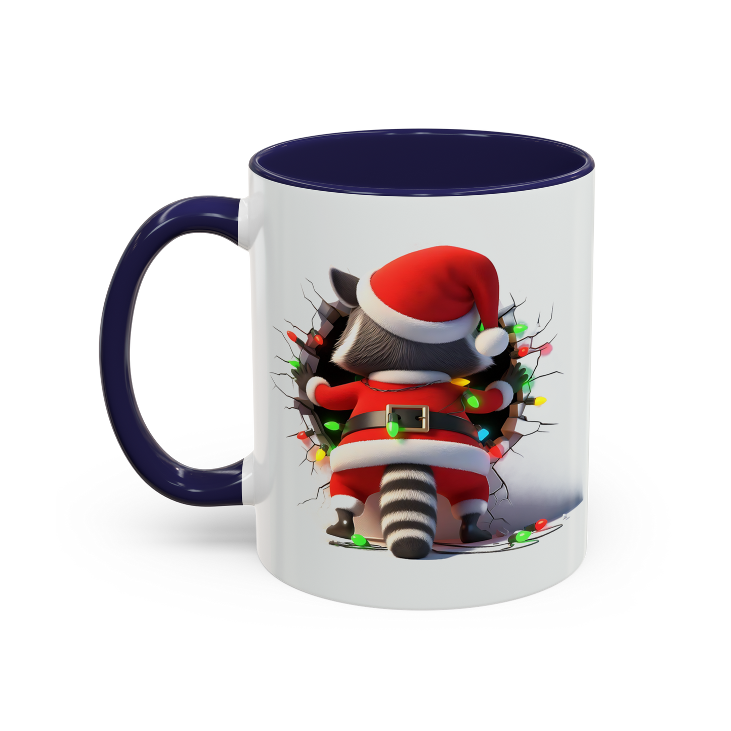 Holiday raccoon coffee cup with raccoon dressed in Santa outfit climbing through wall with Christmas lights