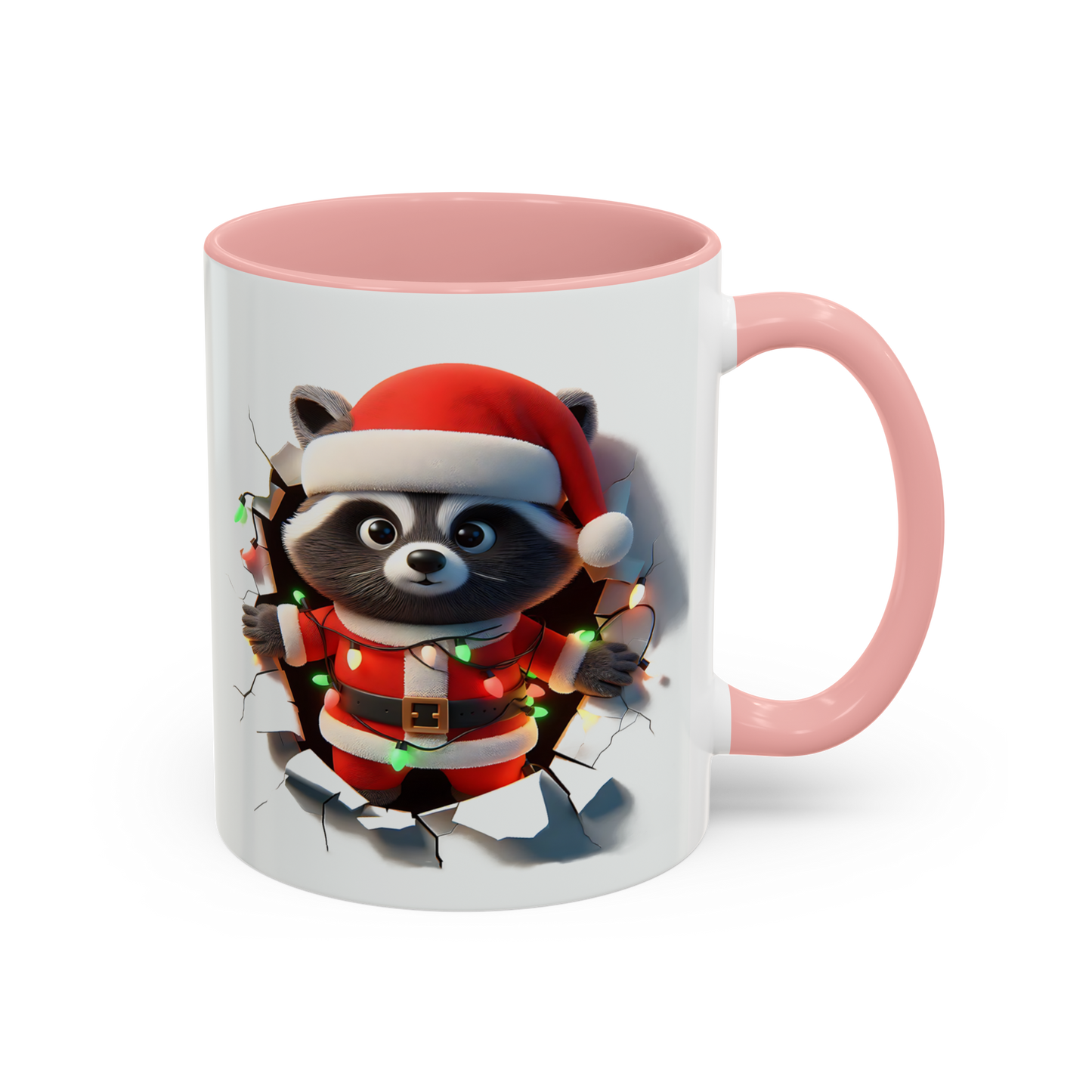 Holiday raccoon coffee cup with pink handle featuring raccoon in Santa outfit holding Christmas lights
