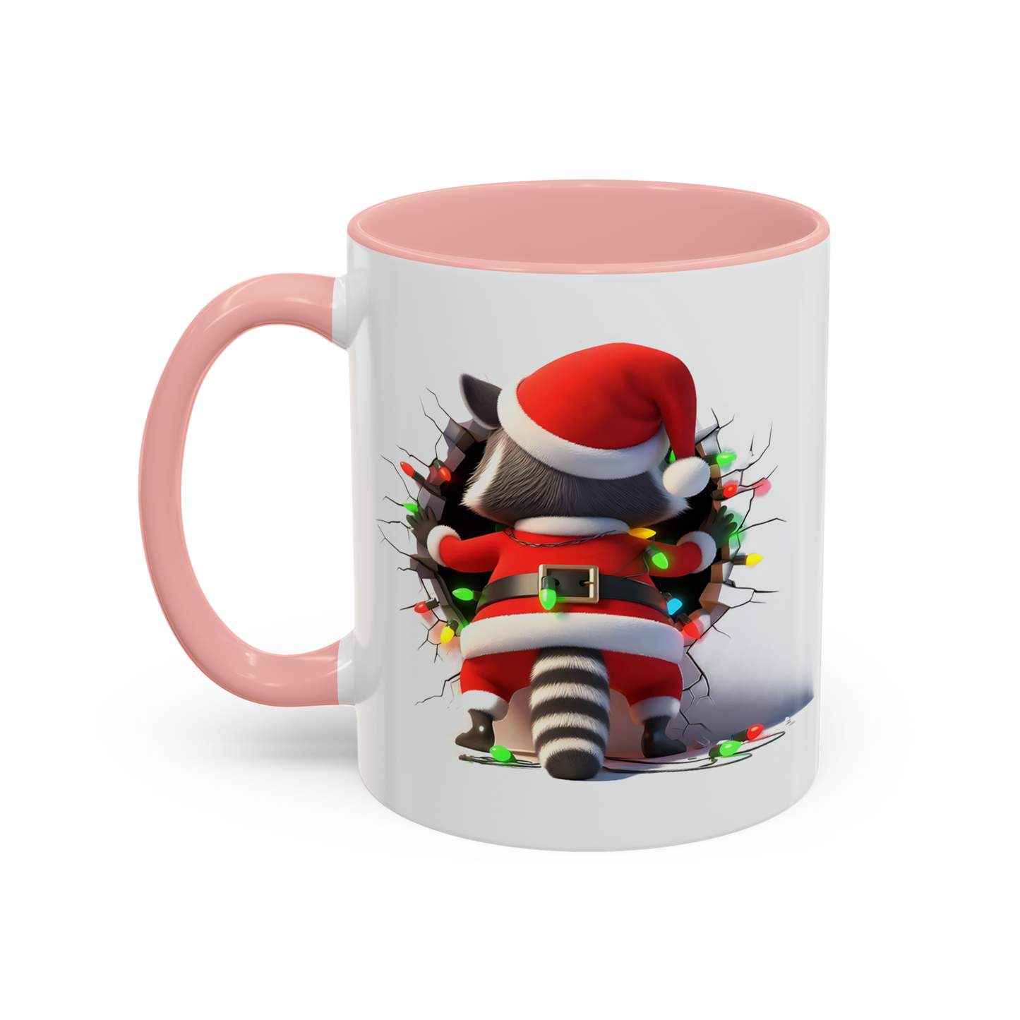 Holiday raccoon coffee cup with cute raccoon in Santa outfit and pink handle and interior