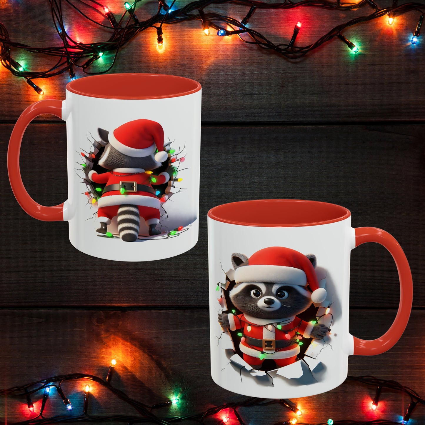 Holiday raccoon coffee cup featuring a raccoon in a Santa outfit with holiday lights on white mug with red handle