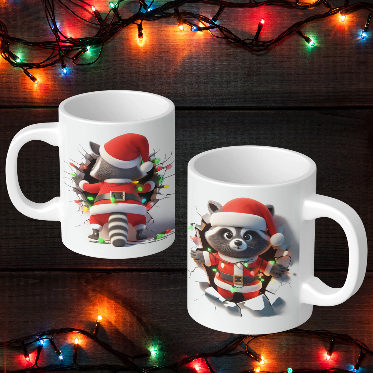 Holiday raccoon coffee cup with raccoon wearing Santa outfit and Christmas lights design