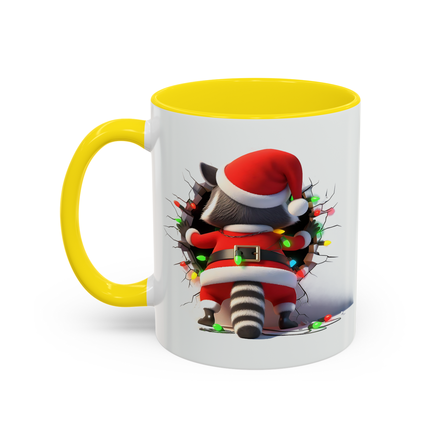 Holiday raccoon coffee cup featuring a raccoon in Santa outfit with yellow handle and rim