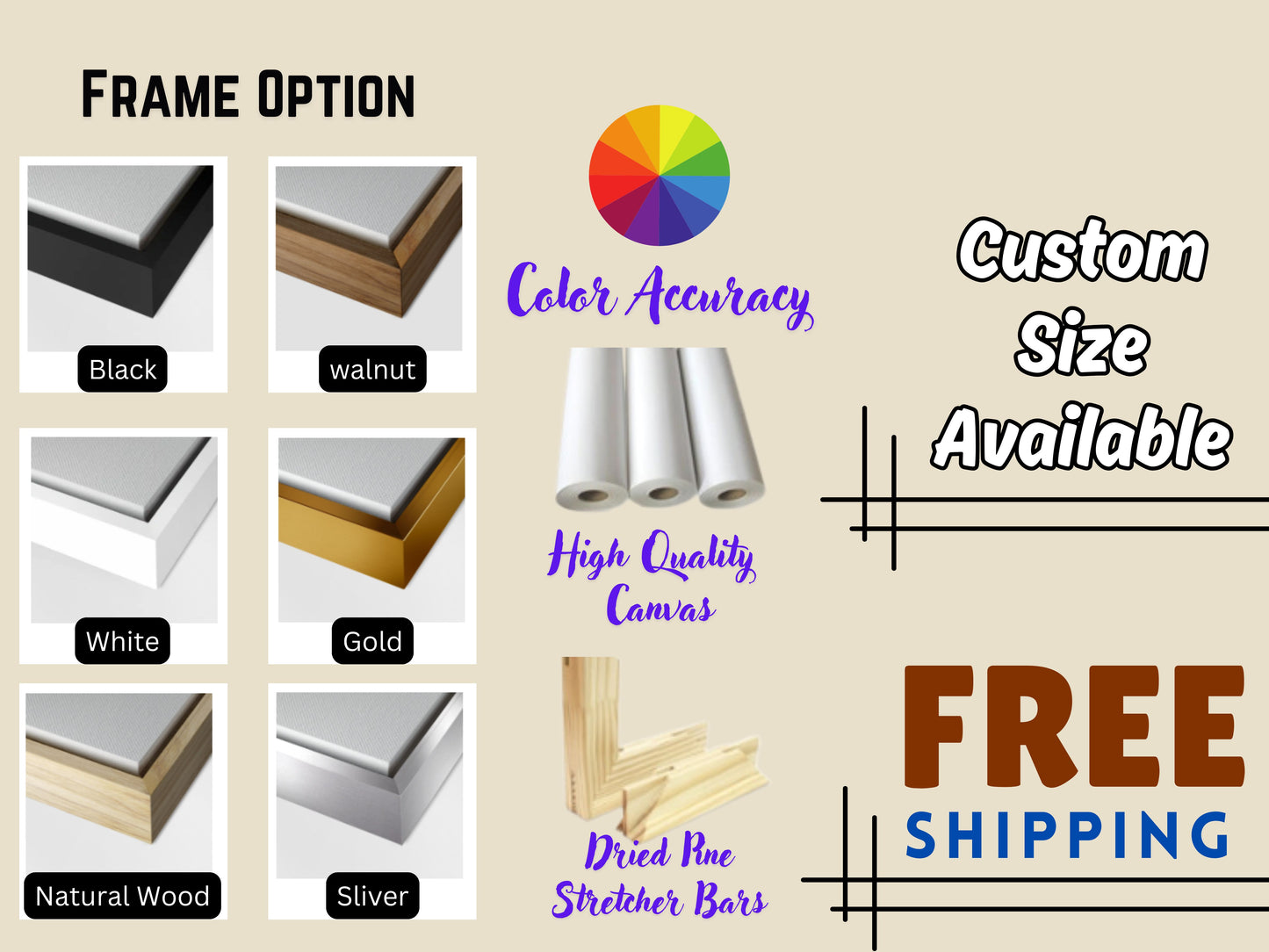 Canvas print options showing frame colors and materials for lucky running horse canvas print with custom size and free shipping