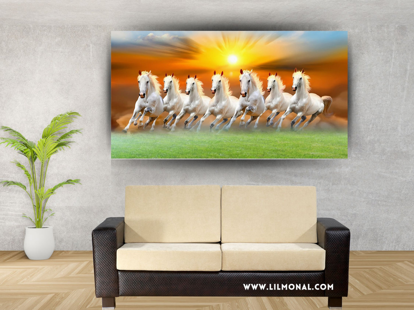 Lucky running horse canvas print with seven white horses galloping under a vibrant sunset