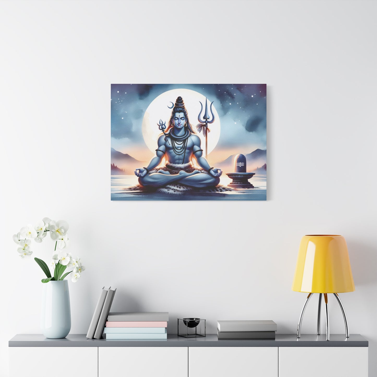 Lord Shiva canvas wall art depicting a serene meditation scene with a moonlit background