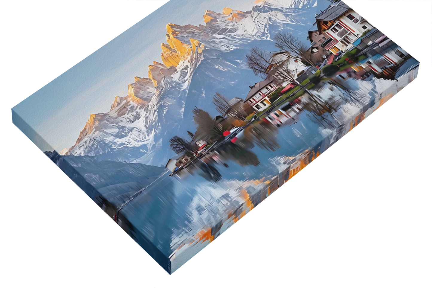 lilmonal mountain lake canvas wall art featuring snow-capped mountains and lakeside houses reflection