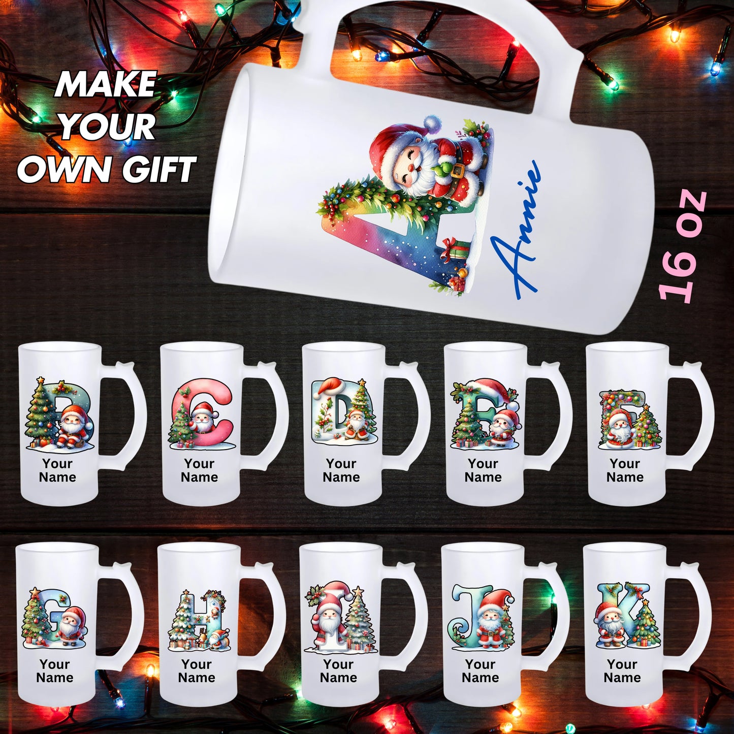 Personalized frosted glass mug with Christmas-themed alphabet letters and custom name option from lilmonal