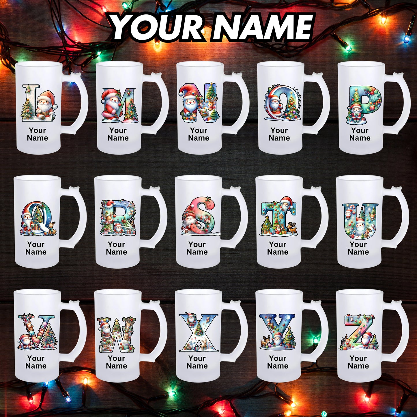 Lilmonal personalized frosted glass mug with festive alphabet letters and customizable name