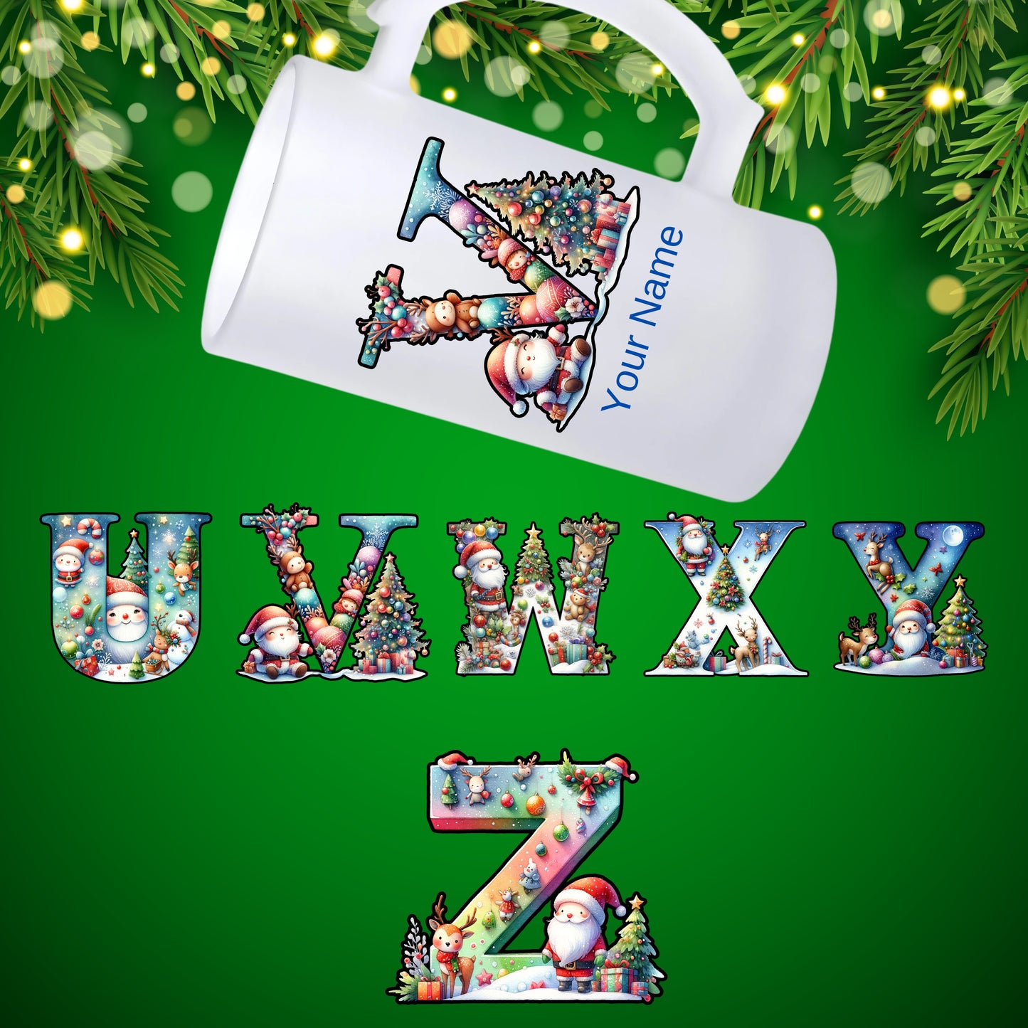 Lilmonal personalized frosted glass mug with festive Christmas alphabet design and customizable name