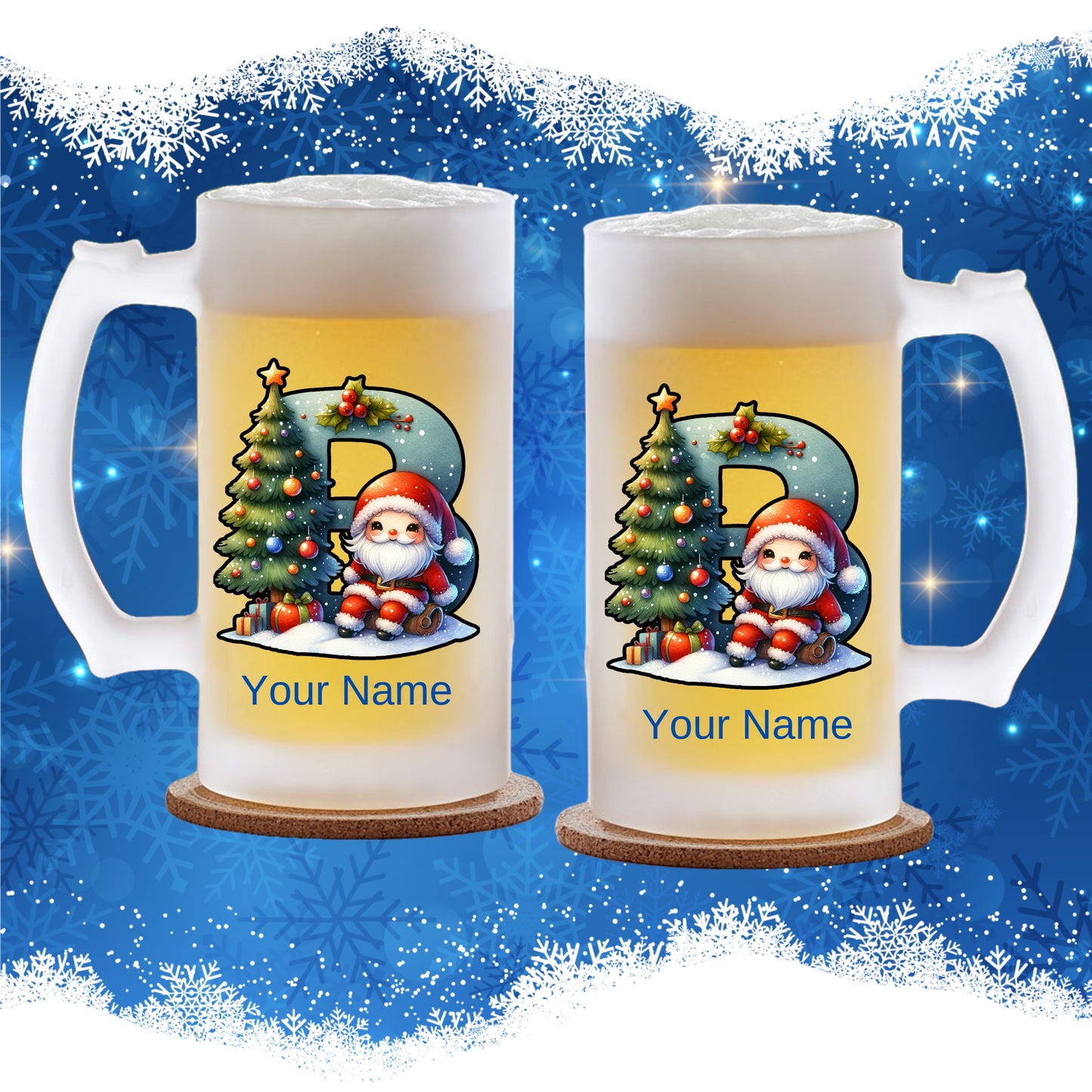 Lilmonal personalized frosted glass mug with Christmas design and Santa holding gifts by a decorated tree