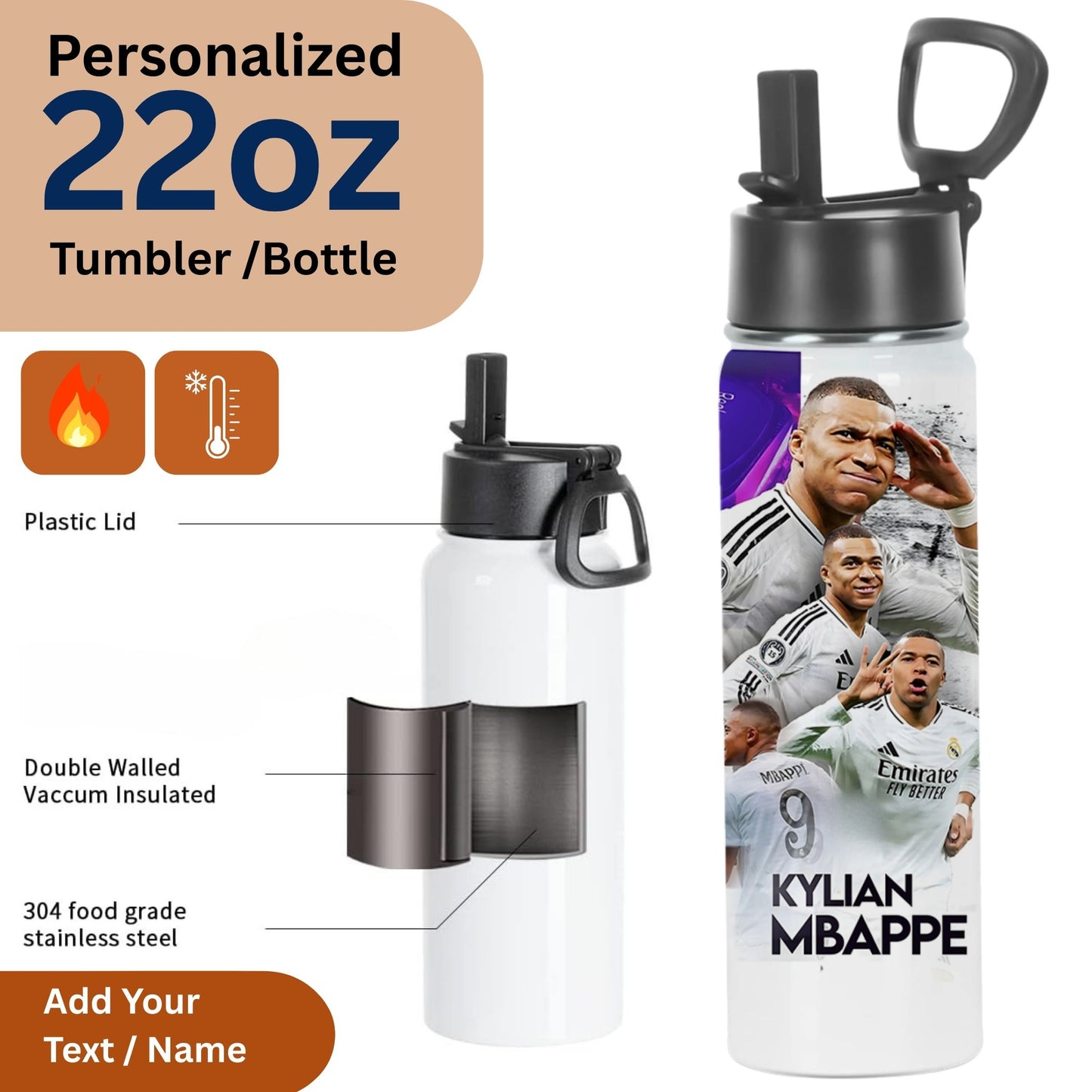 22oz white water bottle with black straw lid Kylian Mbappe design and customizable name personalized soccer player water bottle