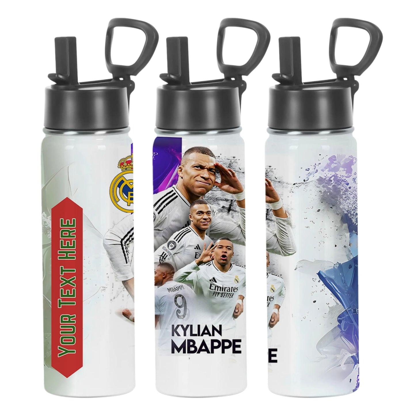 lilmonal personalized soccer player water bottle with soccer star portrait in white club kit and customizable text panel