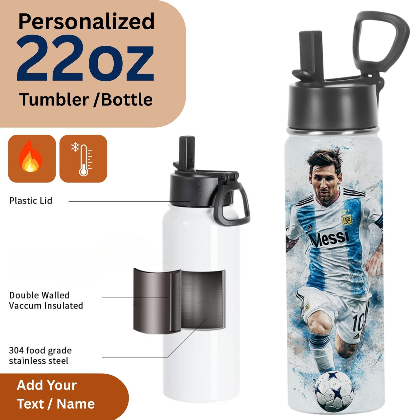 22oz stainless steel personalized soccer player water bottle with Lionel Messi design and plastic flip lid