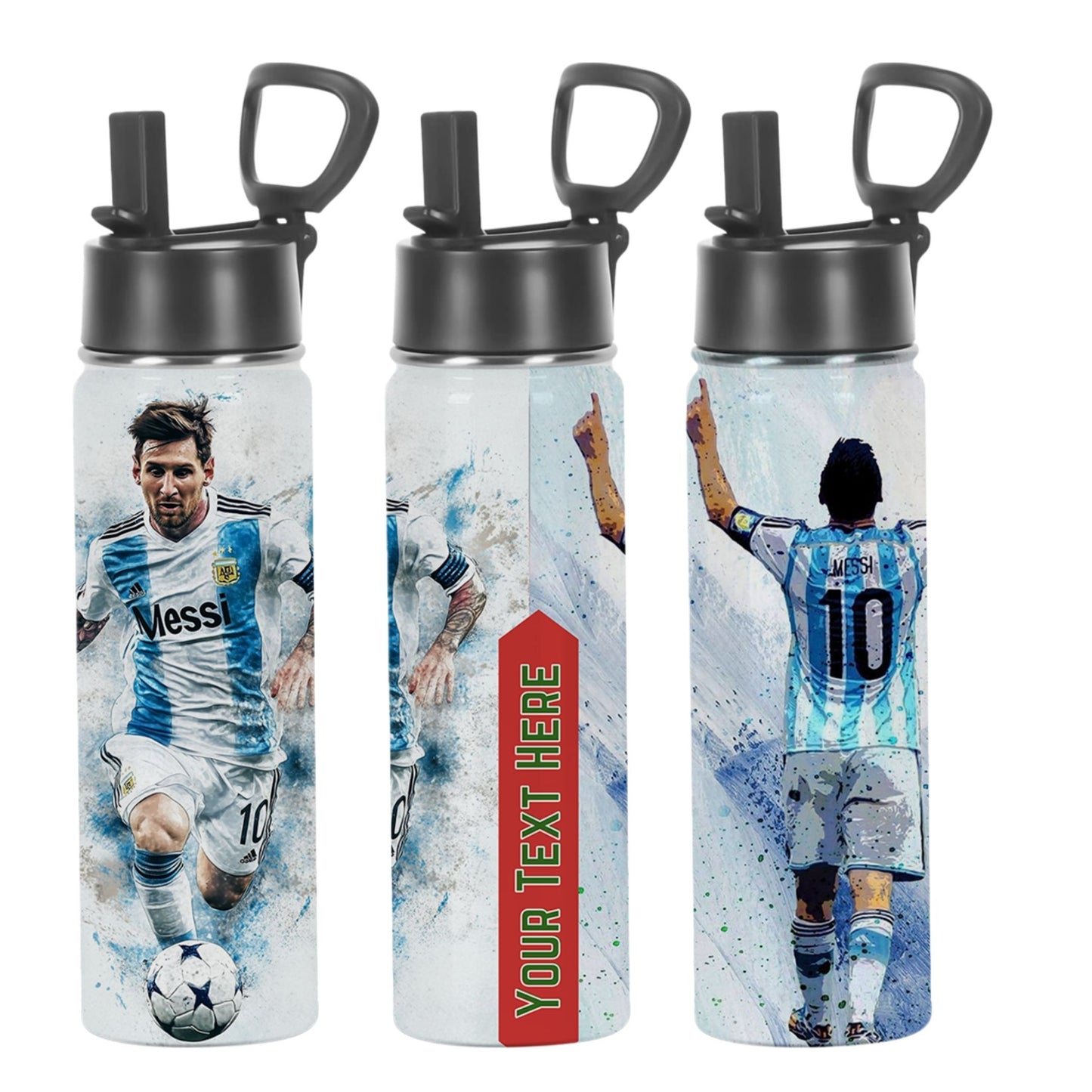 Lilmonal personalized soccer player water bottle featuring Argentina number 10 player illustration and customizable text panel