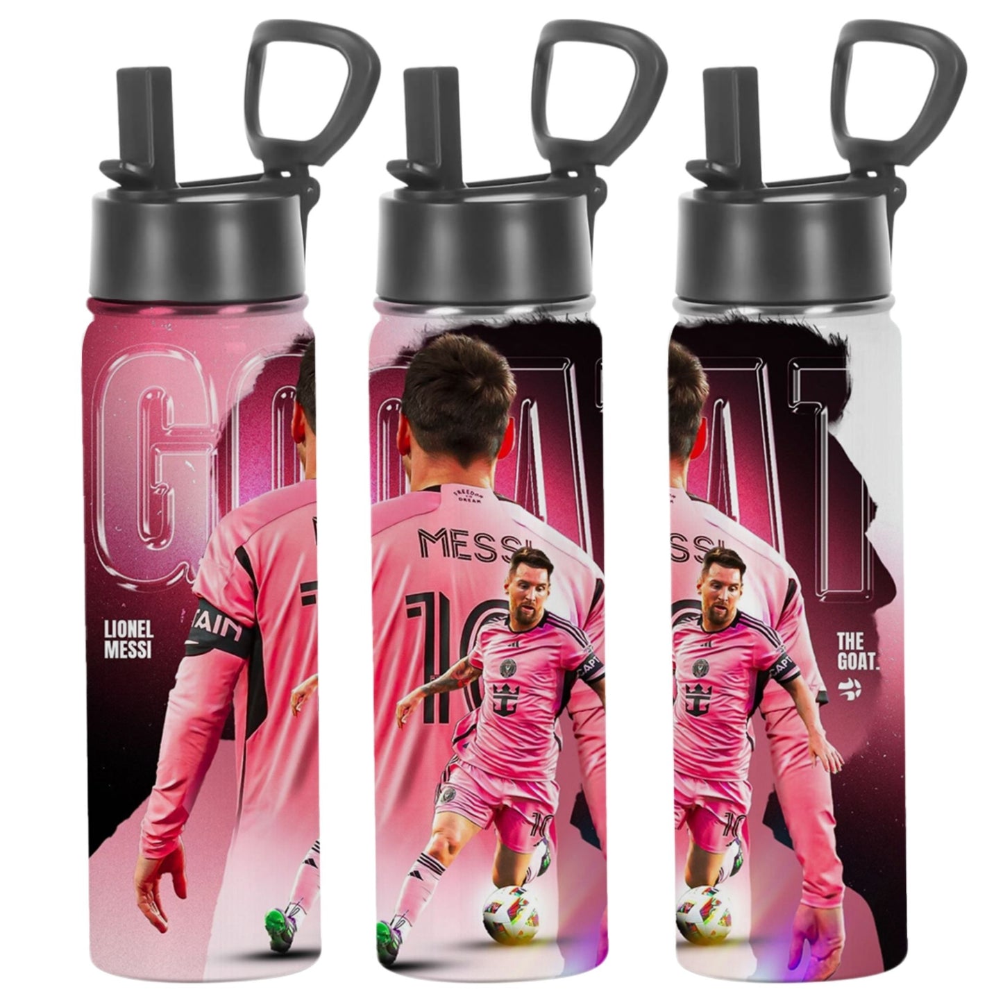 Lilmonal personalized soccer player water bottle showing three views of Lionel Messi in pink GOAT design