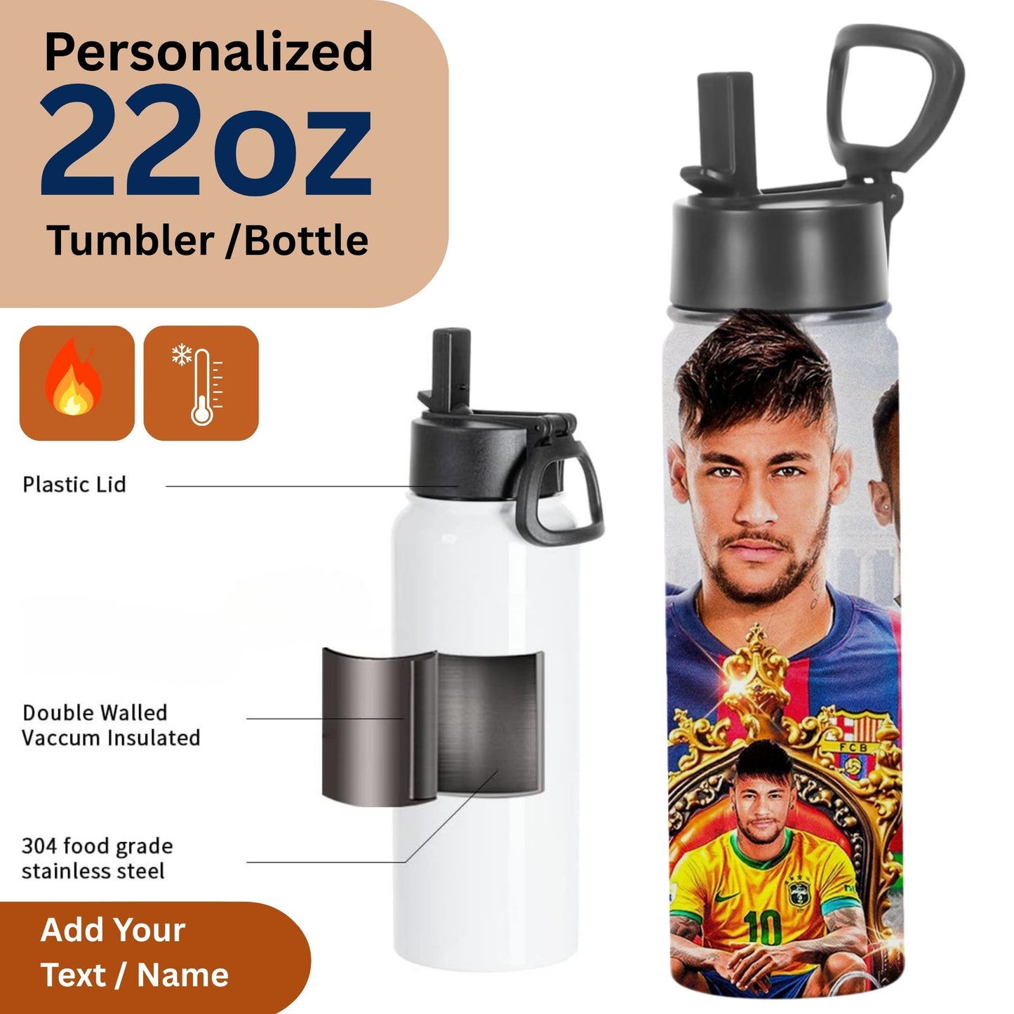 22oz insulated stainless tumbler with custom soccer player graphic and name personalization personalized soccer player water bottle