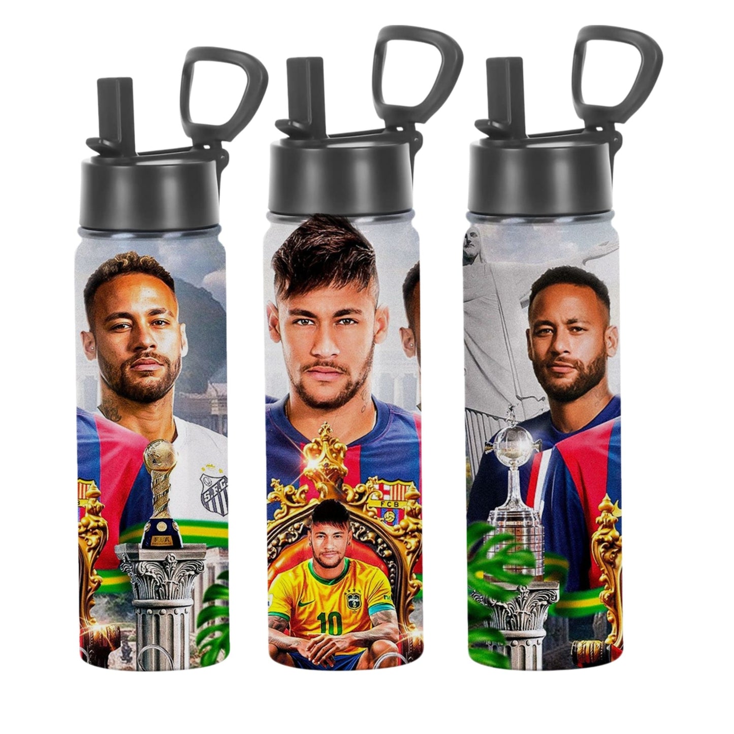 lilmonal personalized soccer player water bottle with Neymar portraits trophy graphics and flip straw lid