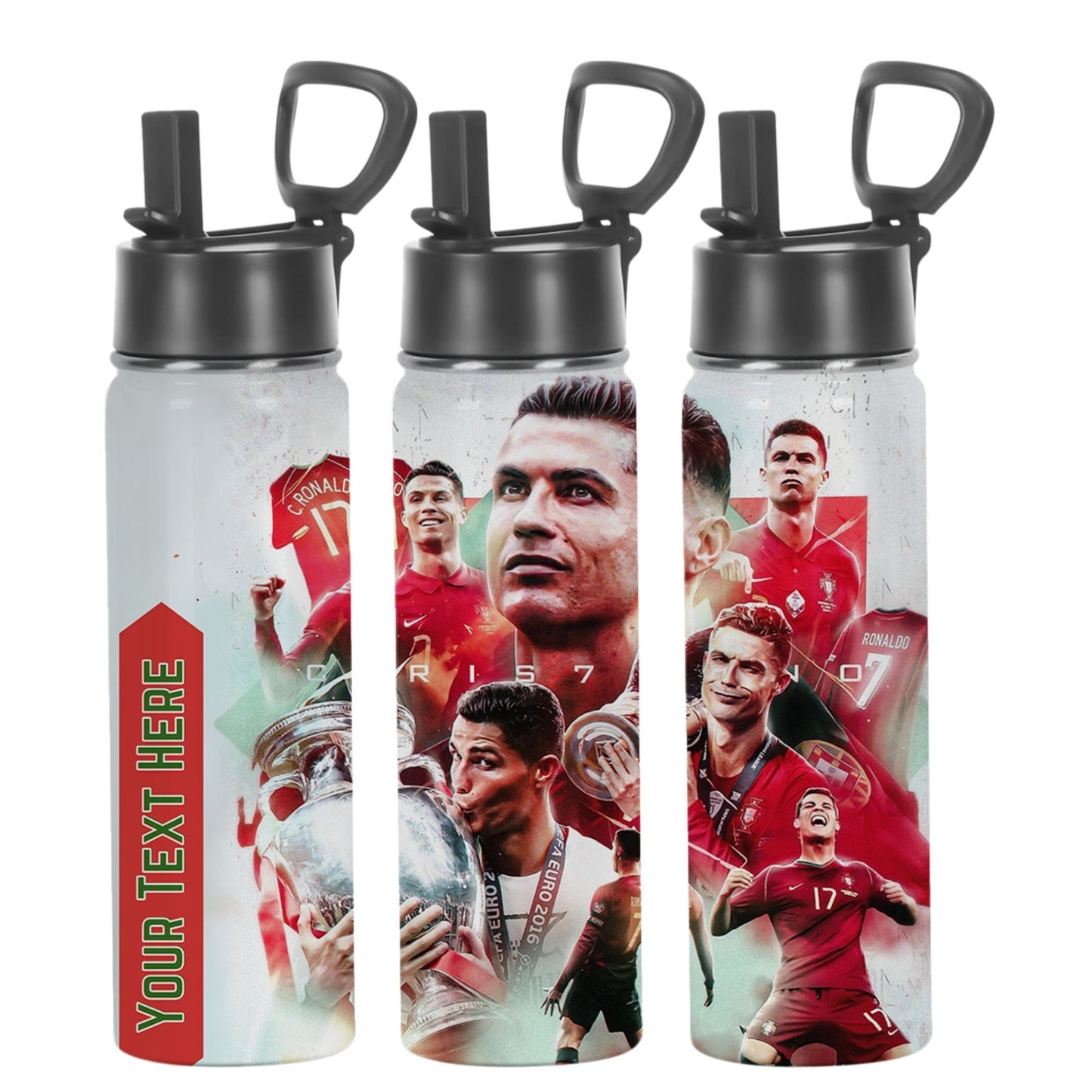 lilmonal personalized soccer player water bottle with soccer player collage customizable text panel and black flip lid