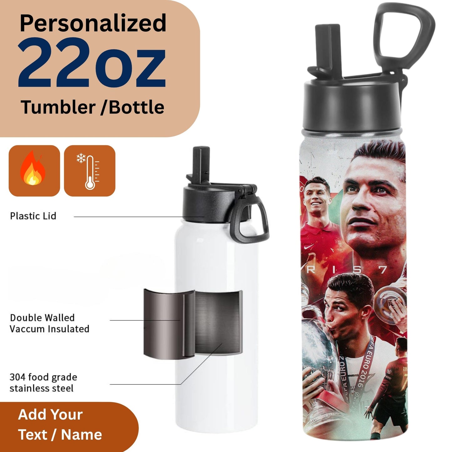 lilmonal 22oz stainless steel personalized soccer player water bottle with flip straw lid and custom name