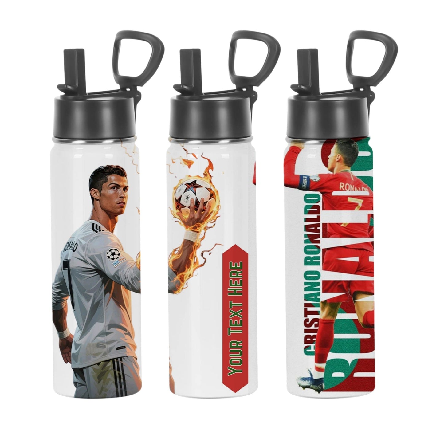Lilmonal personalized soccer player water bottle trio featuring Cristiano Ronaldo action prints and customizable name panel