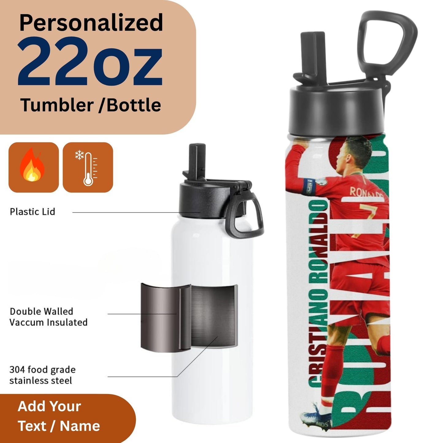 22oz insulated tumbler with flip lid double walled steel soccer player print personalized soccer player water bottle