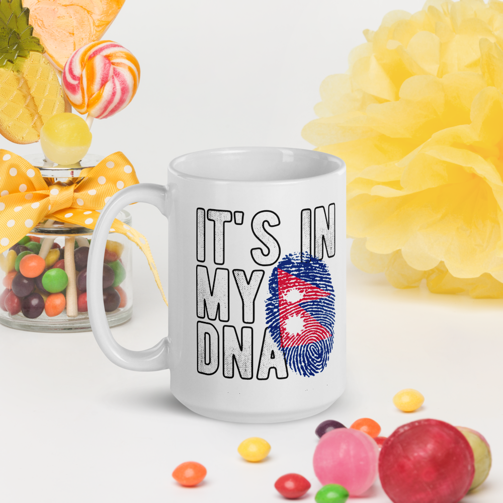 White mug with I love Nepal coffee mug design featuring fingerprint flag and text its in my DNA