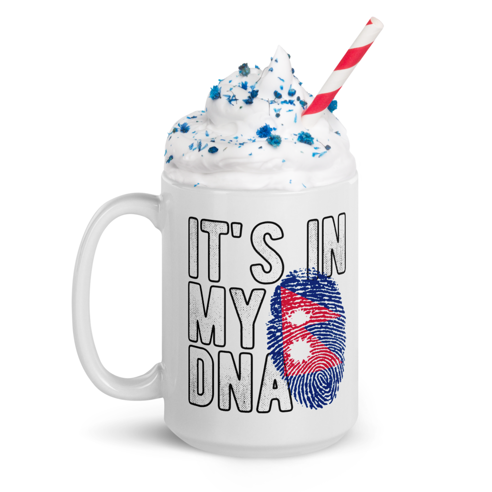 White mug with I love Nepal coffee mug design featuring fingerprint flag and whipped cream topping