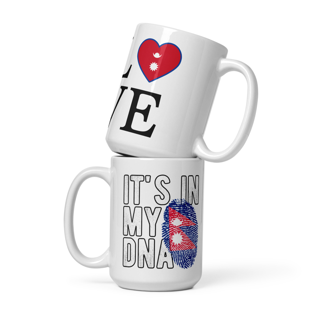 I love Nepal coffee mug with heart-shaped Nepal flag and fingerprint design on white ceramic