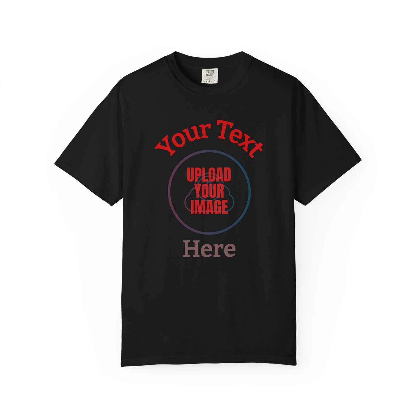 Black t-shirt with customizable text and image upload options on a white background
