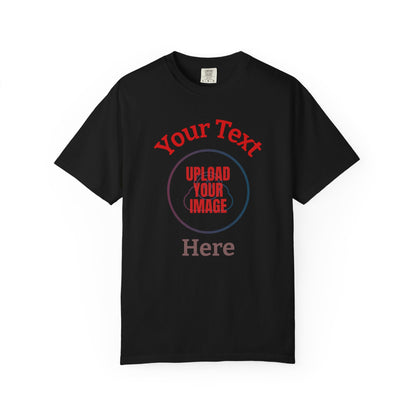 Black t-shirt with customizable text and image upload options on a white background