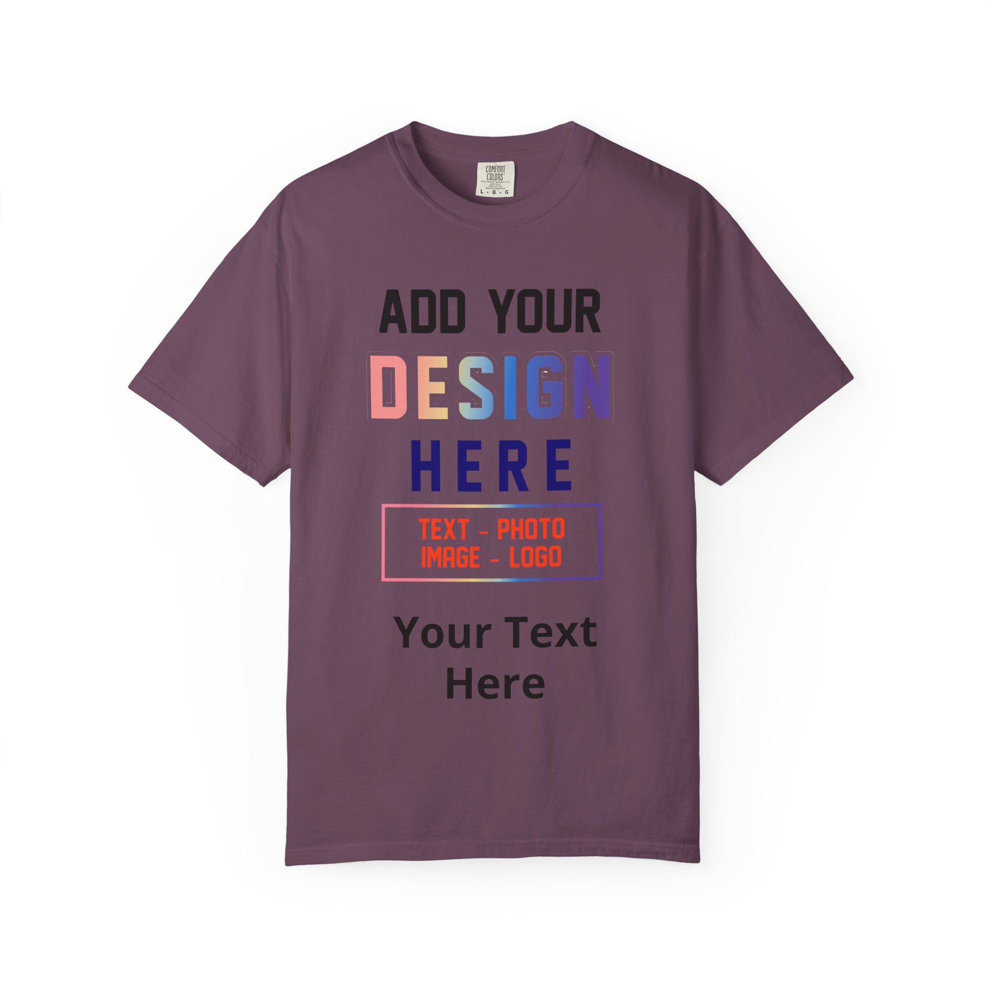 Purple t-shirt with text 'Add your design here' on a white background
