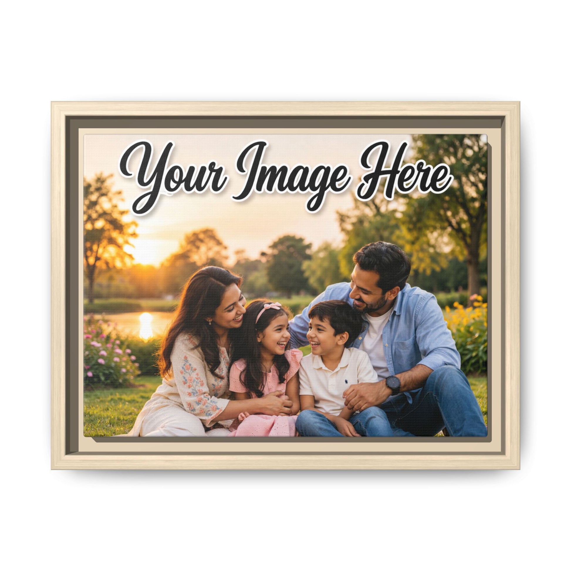 Custom framed canvas wall art showing family photo with non-reflective matte finish by Lilmonal