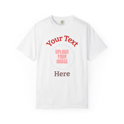 White t-shirt with text 'Your Text Here' and 'Upload Your Image' on a white background