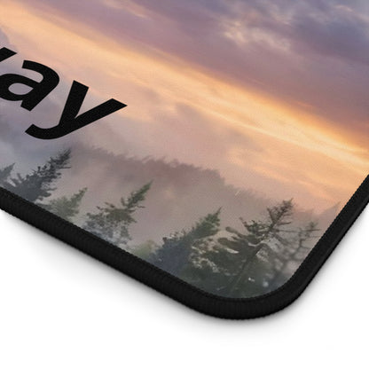 Desk pad 12x18 Mouse pad with a scenic design of trees and a sunset, featuring the word 'way'.
