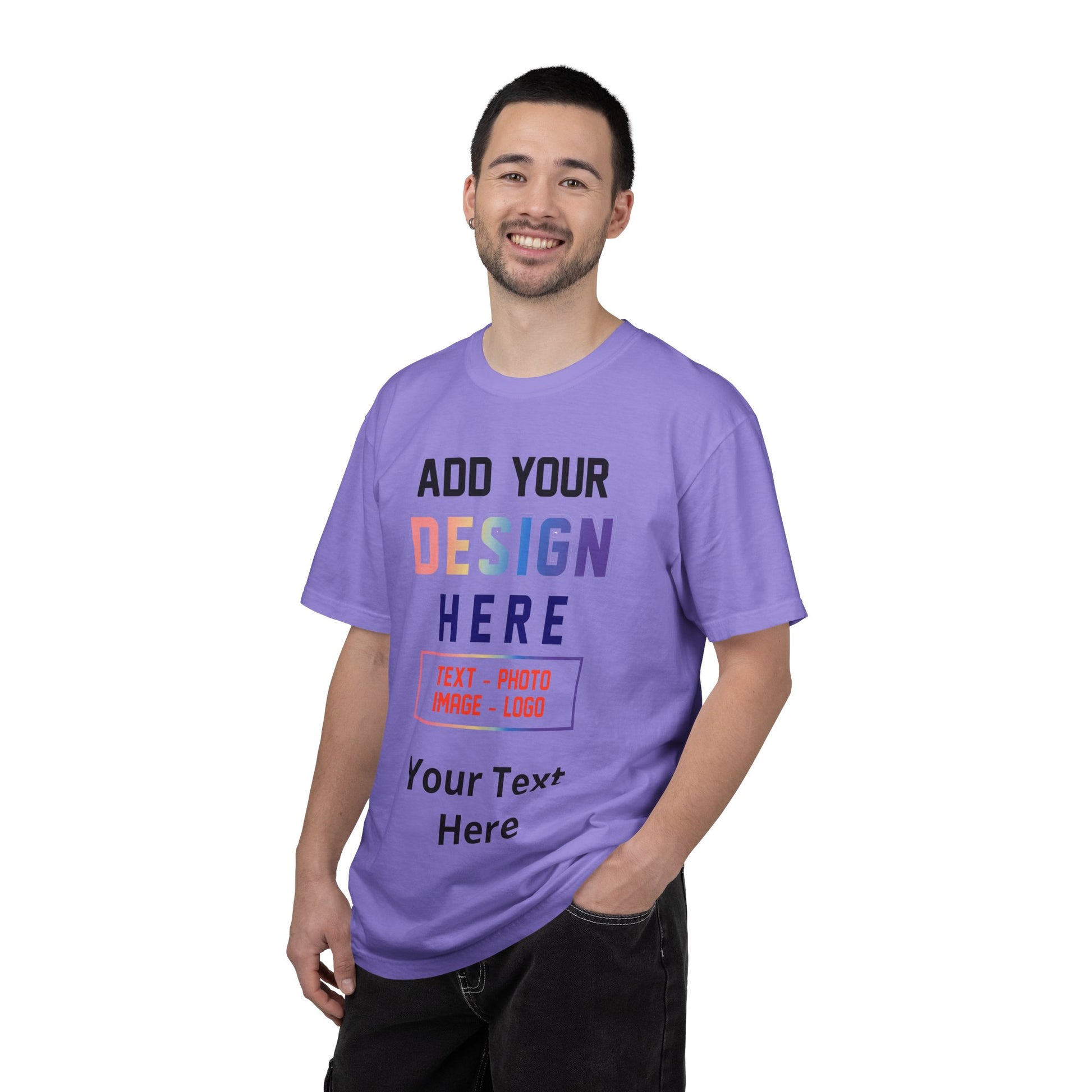Purple t-shirt Man wearing a customizable purple t-shirt with text 'ADD YOUR DESIGN HERE' on a white background
